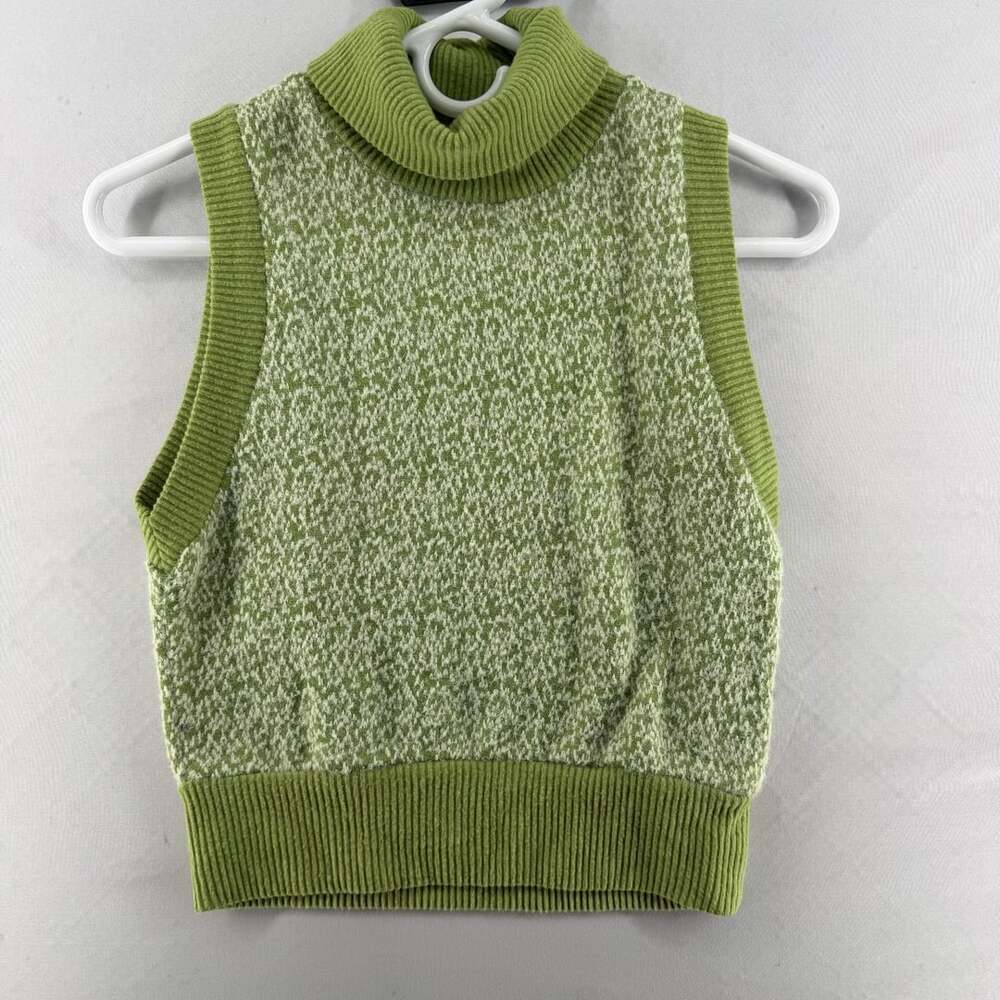 1495 Zara Green White Knit Sleeveless Turtleneck Sweater Vest S